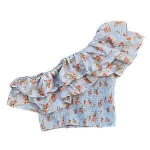 Abercrombie & Fitch Asymmetrical 1 Shoulder Top Size Medium Floral Ruffle Blue